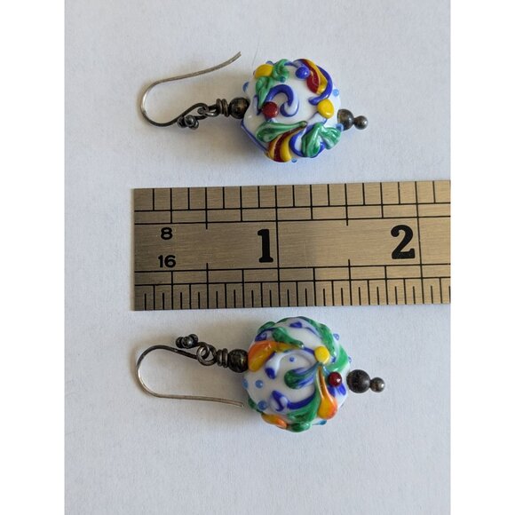 Hand Blown Glass Bead Earrings Colorful Swirls Sterling Silver Hooks - Picture 5 of 13